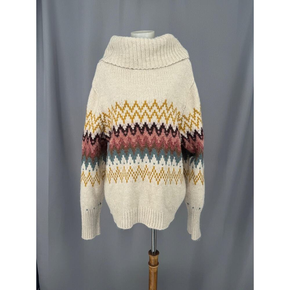 LOFT Sweater Womens XL White Fair Isle Cowl Neck Chunky Knit Pullover Cozy